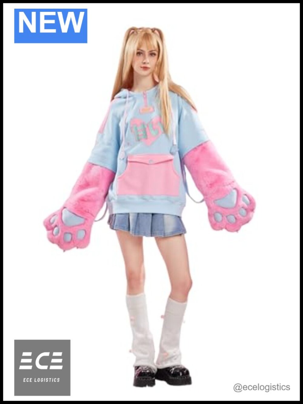 Hoodie with Detachable Furry Cat Paw Gloves and Dual-Purpose Handbag Sleeves